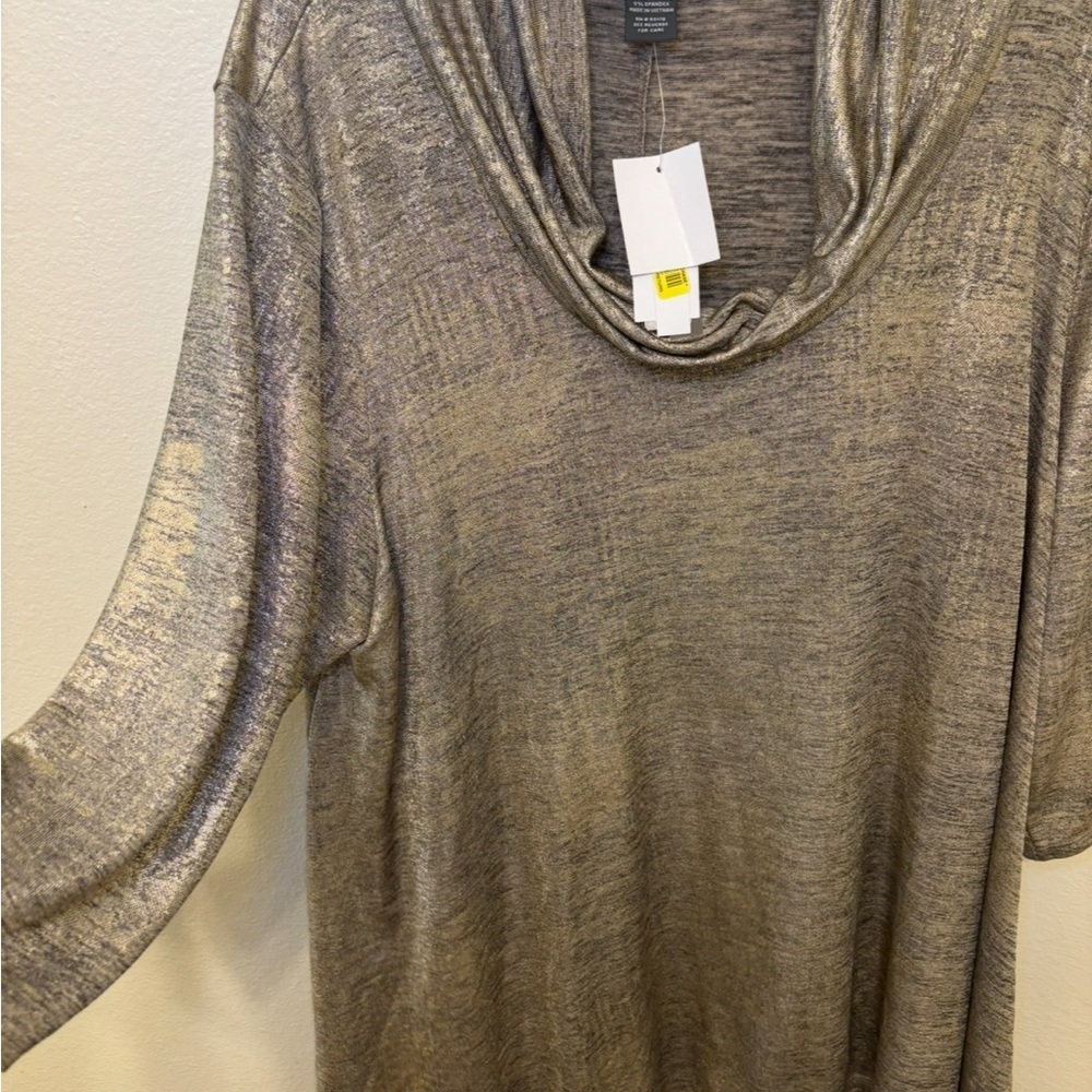 Chelsea & Theodore Metallic Taupe Cowl Neck plus size blouse - Picture 3 of 4